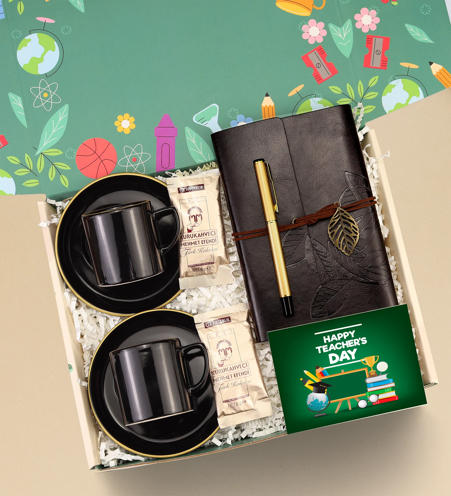 Öğretmenler Günü Fincan Seti & Vintage Defter Hediye Kutusu